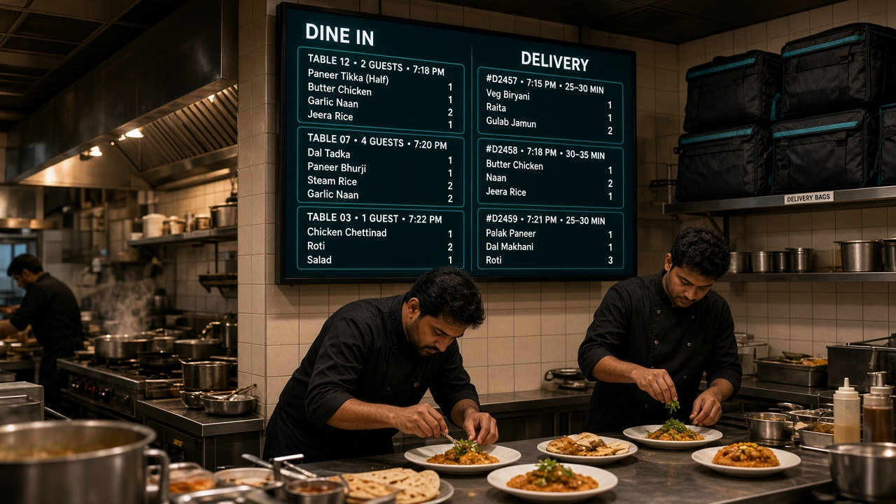 Indian restaurant kitchen with chefs working under a kitchen display showing dine-in and delivery tickets