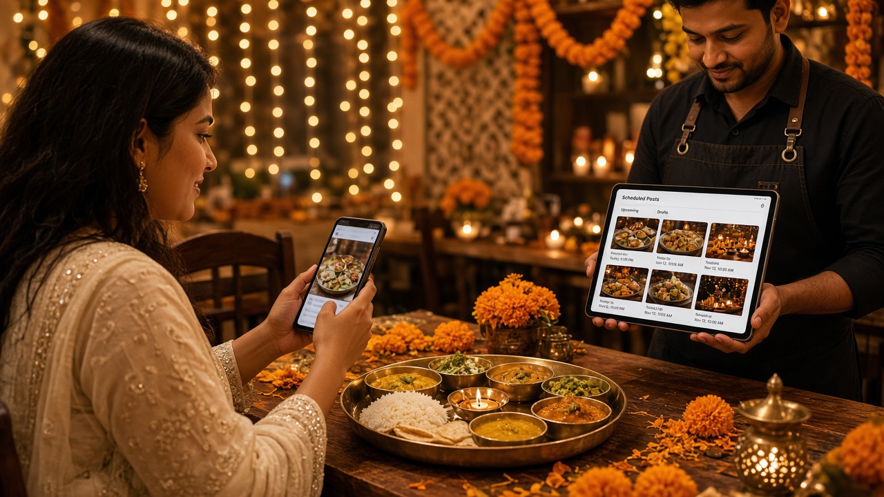 Festive Indian restaurant table with Diwali lights while a guest photographs food and staff uses a tablet