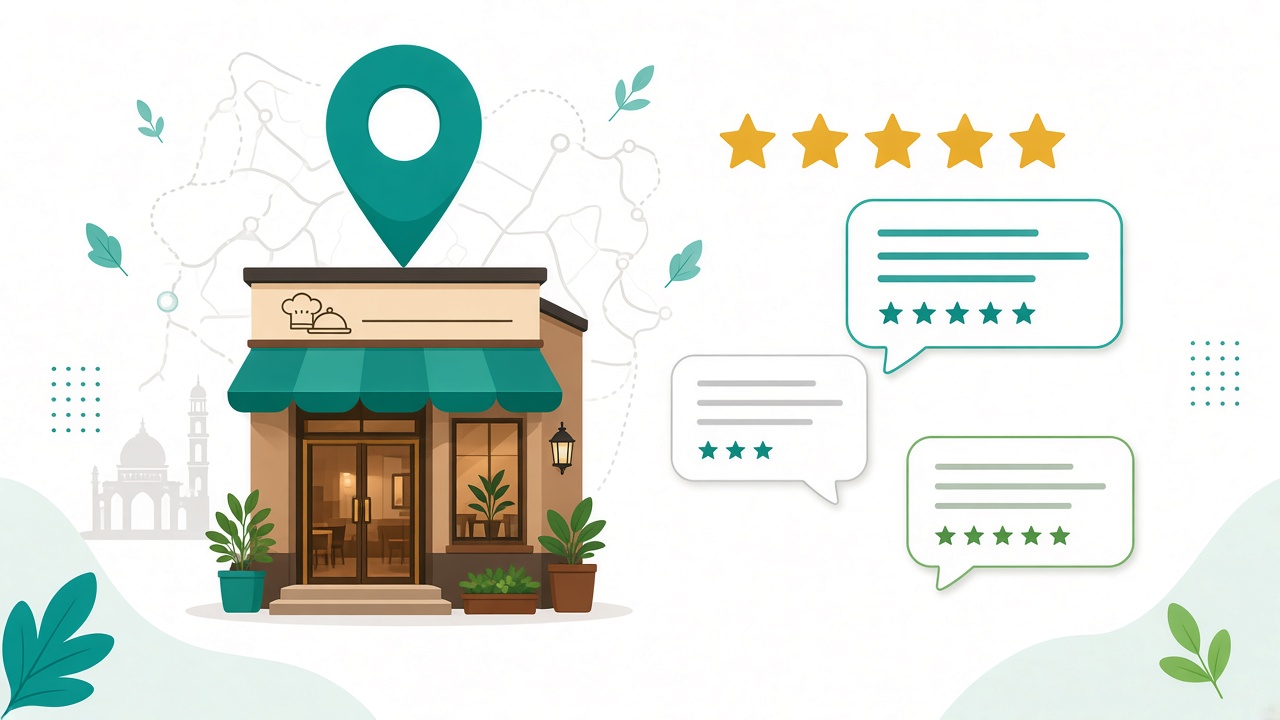 Restaurant Google listing with stars and review bubbles for Indian owners