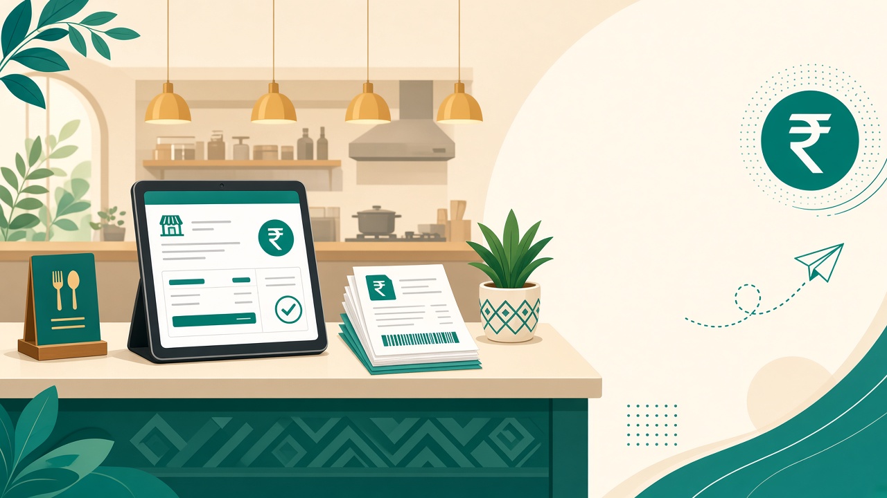 Indian restaurant GST billing on a tablet with invoice and rupee symbols