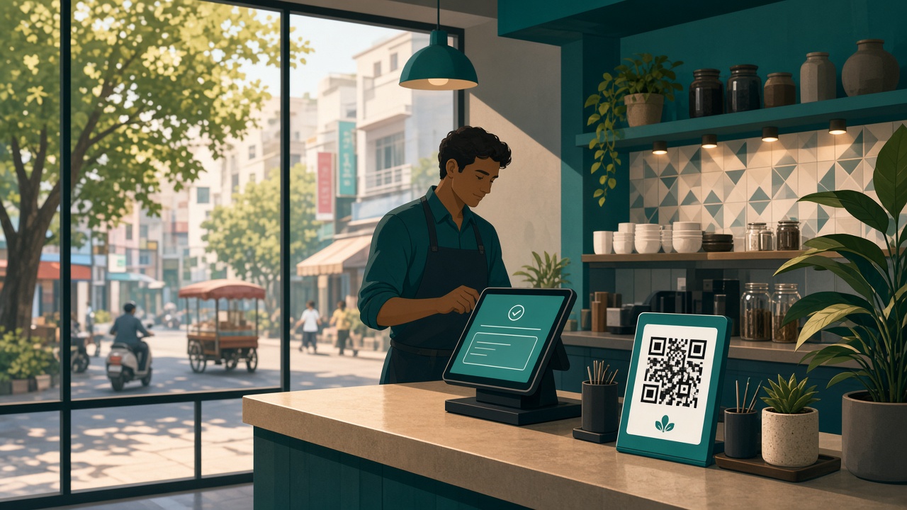 Indore cafe counter with tablet GST billing and UPI QR