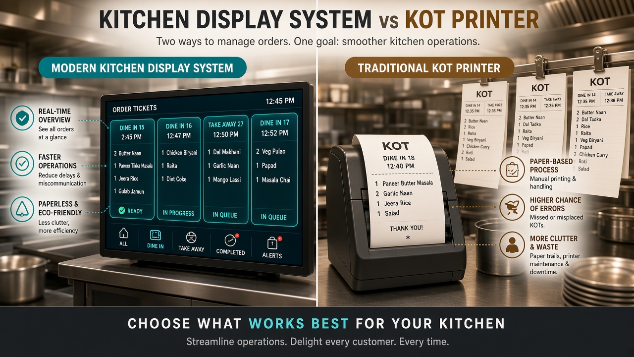 Kitchen display screen next to a thermal KOT printer in a commercial kitchen