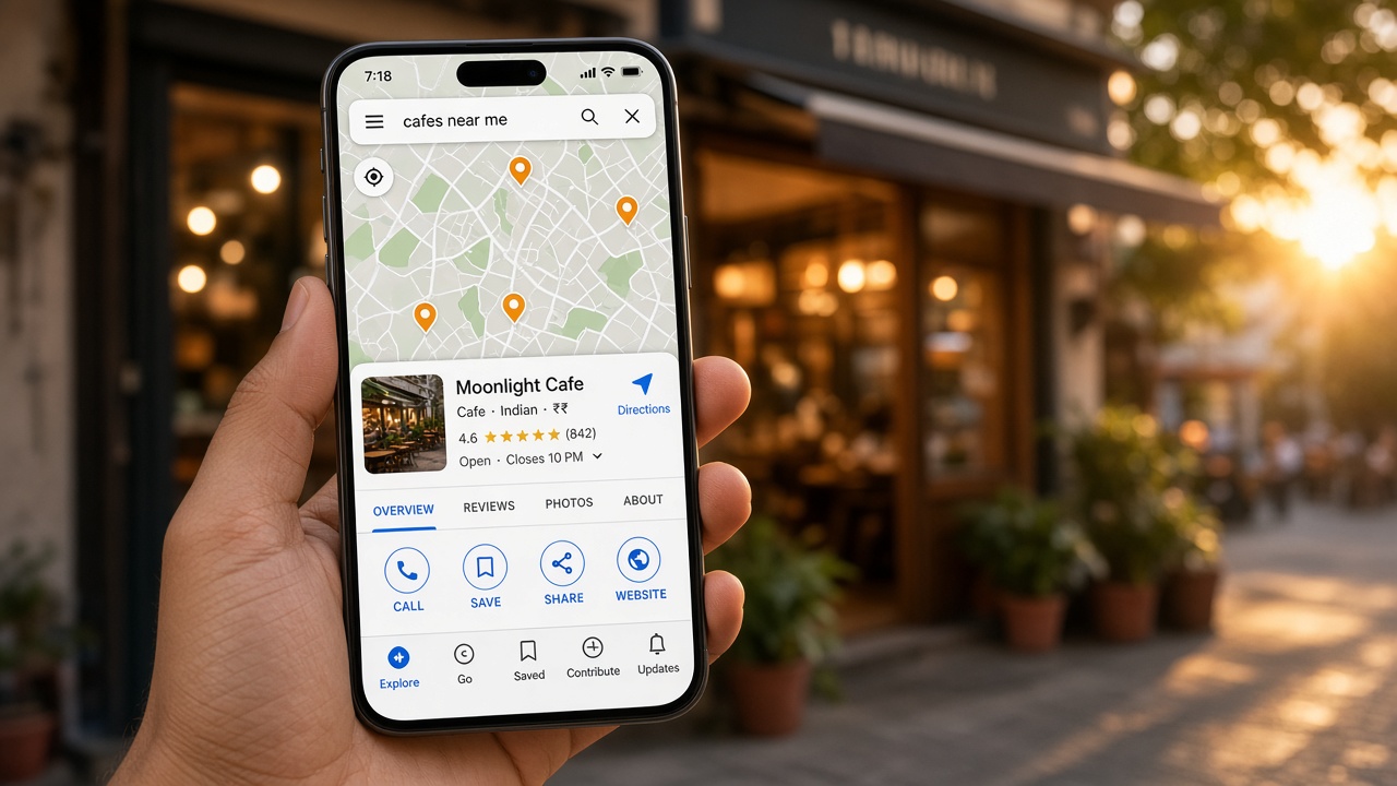 Smartphone showing Google Maps restaurant listing with star rating outside an Indian cafe