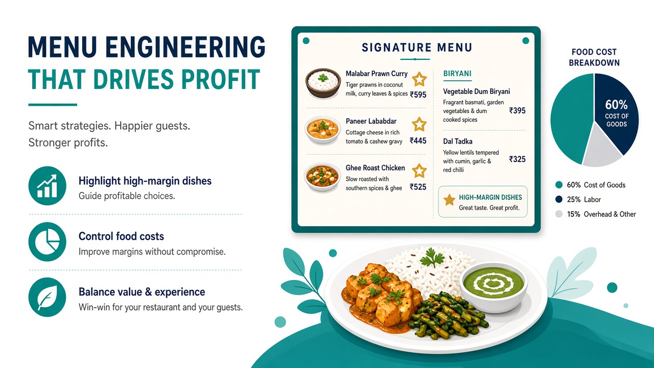 Menu engineering grid with plated Indian dishes and margin markers