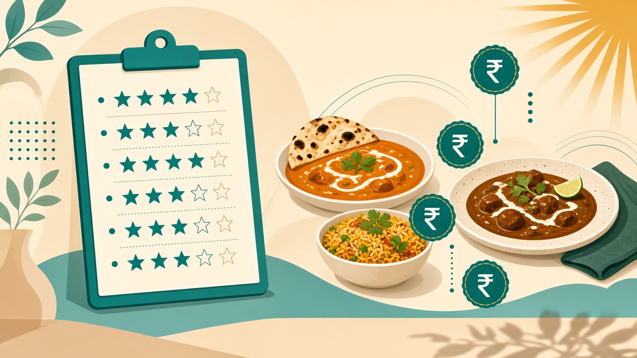 Menu engineering clipboard with plated dishes and price tags