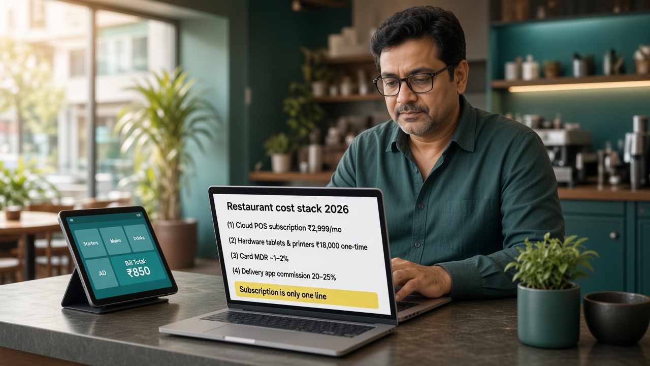 Restaurant owner reviewing a cost-stack dashboard on a laptop: POS subscription, hardware, card MDR and delivery commission