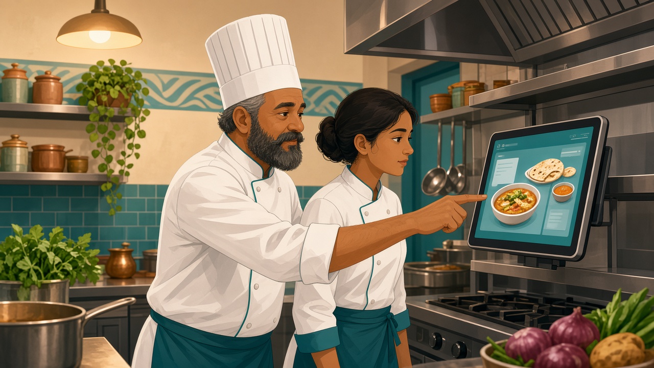 Chef training a new staff member on a kitchen display tablet