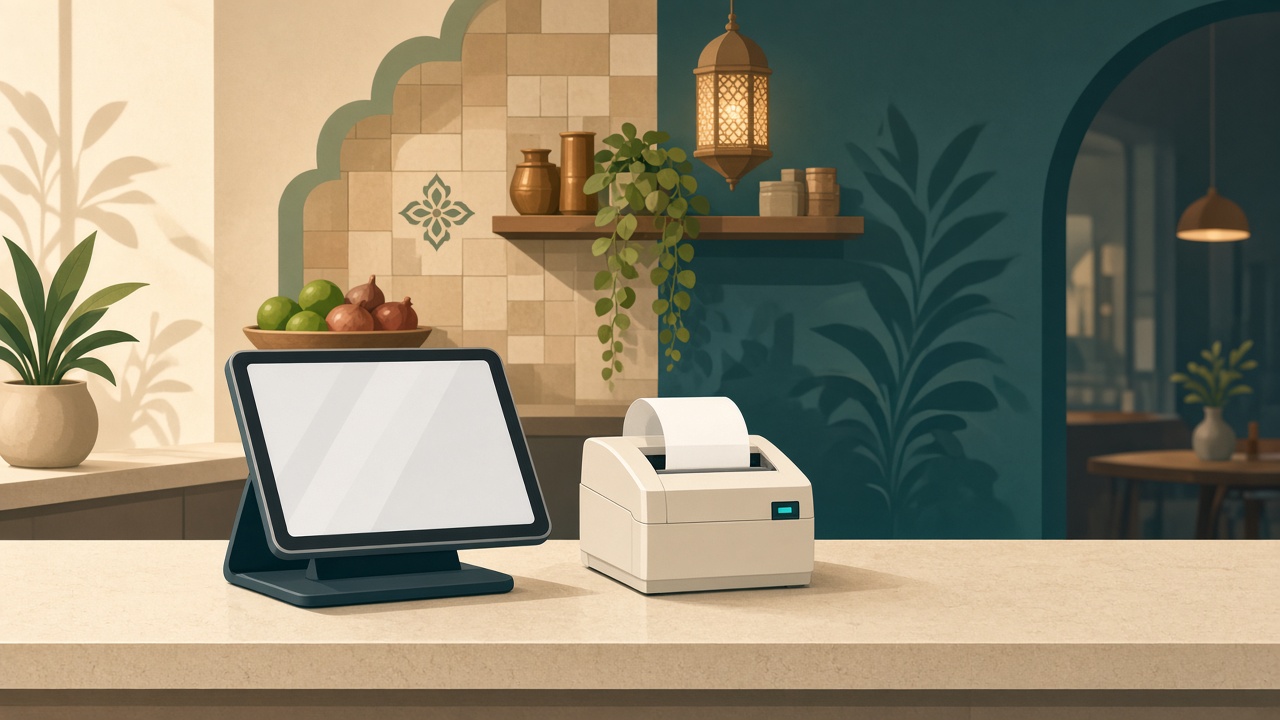 Restaurant counter with old printer and new tablet POS during a soft migration