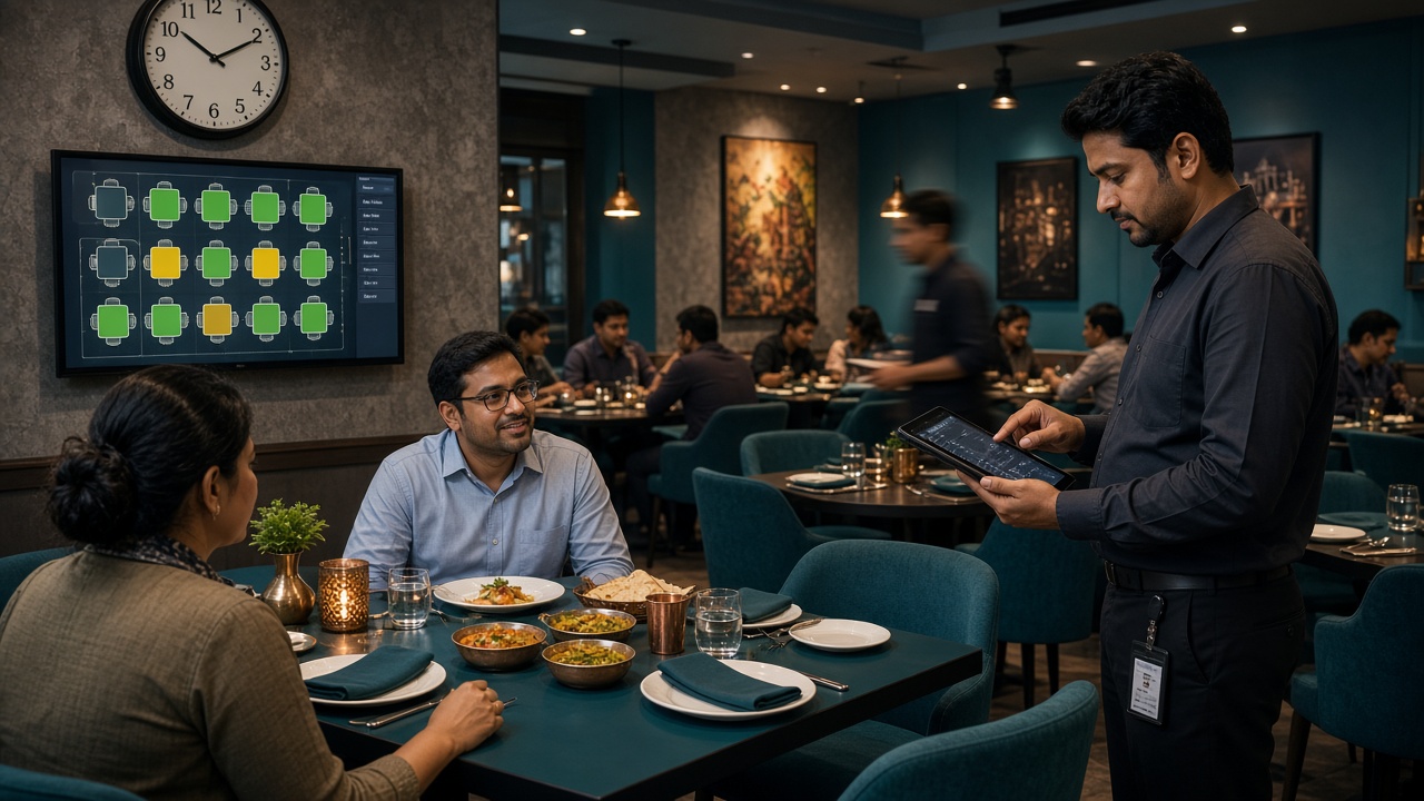 Busy Indian restaurant dining floor during rush hour with captain taking orders on a handheld tablet