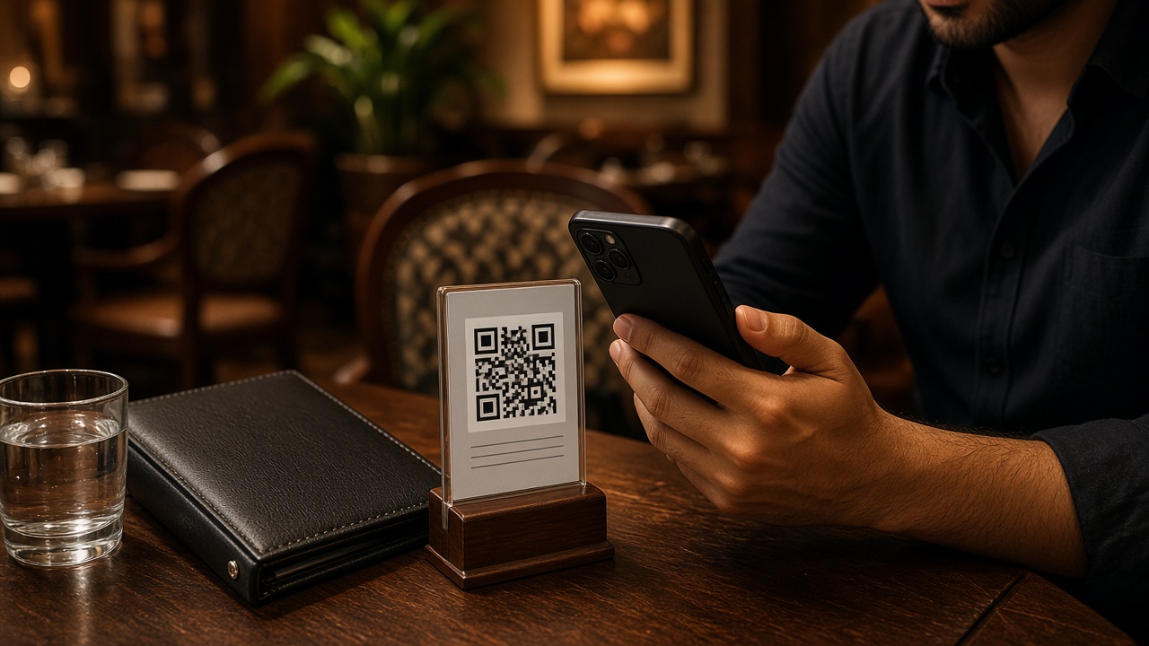 Guest at an Indian restaurant table scanning a QR stand with a phone to pay the bill by UPI
