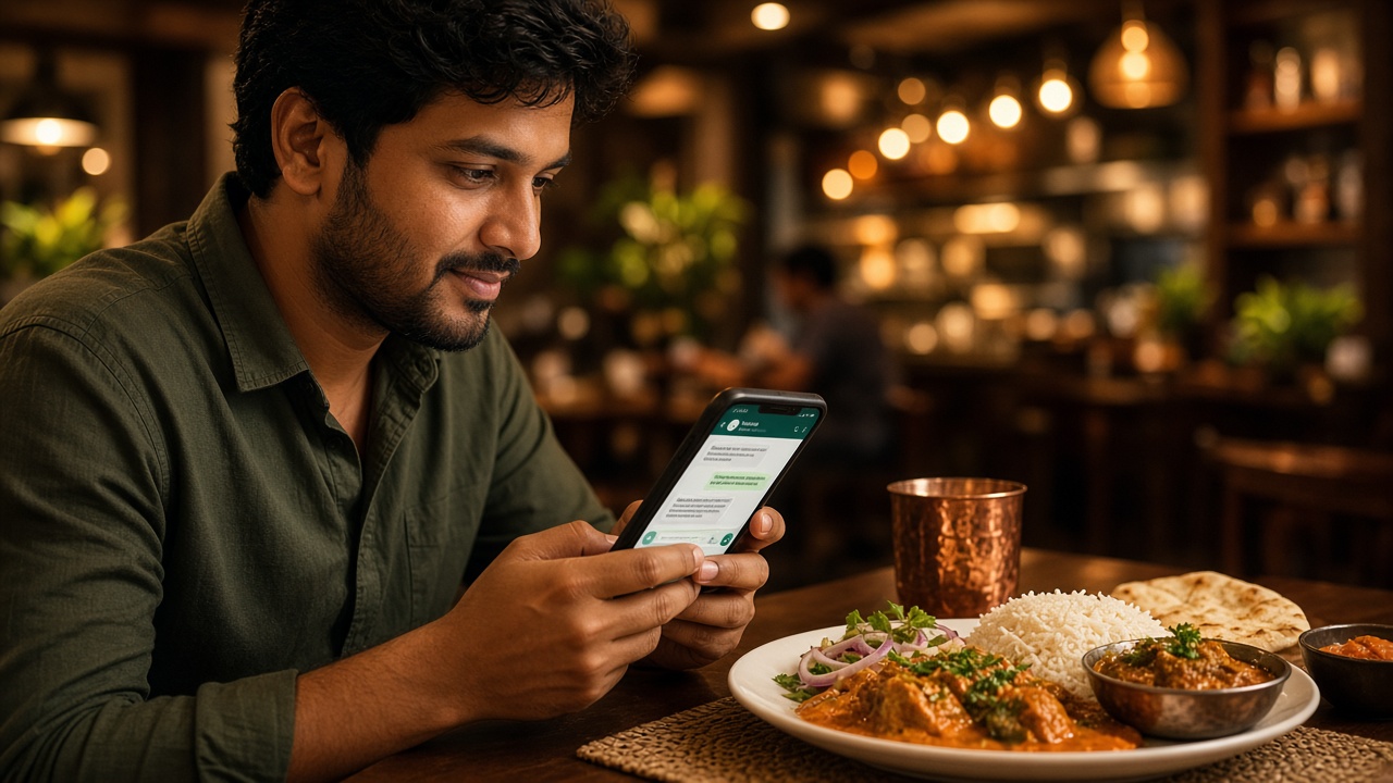 Guest ordering Indian food on WhatsApp at a restaurant table with phone in hand