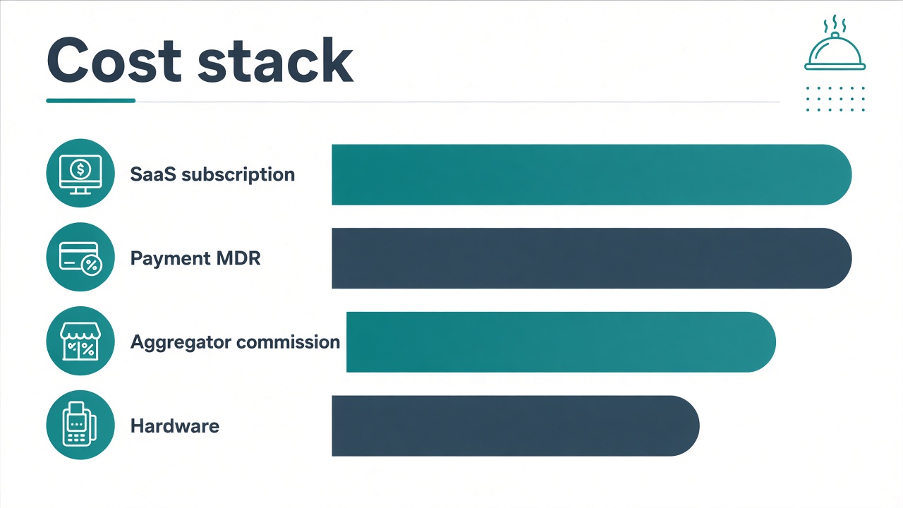 Infographic of restaurant cost stack: SaaS subscription, payment MDR, aggregator commission and hardware